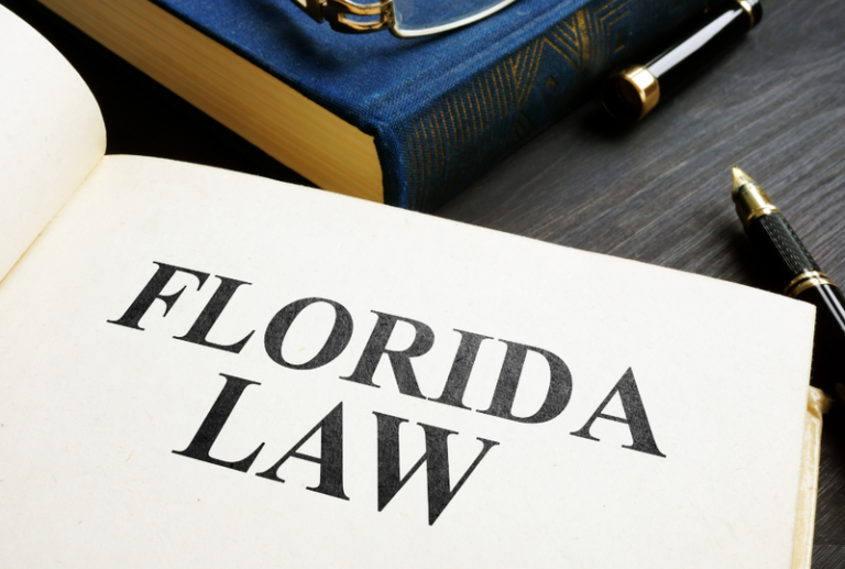 Image is of an open book on a table and it reads 'Florida Law', concept of stand your ground laws in Florida