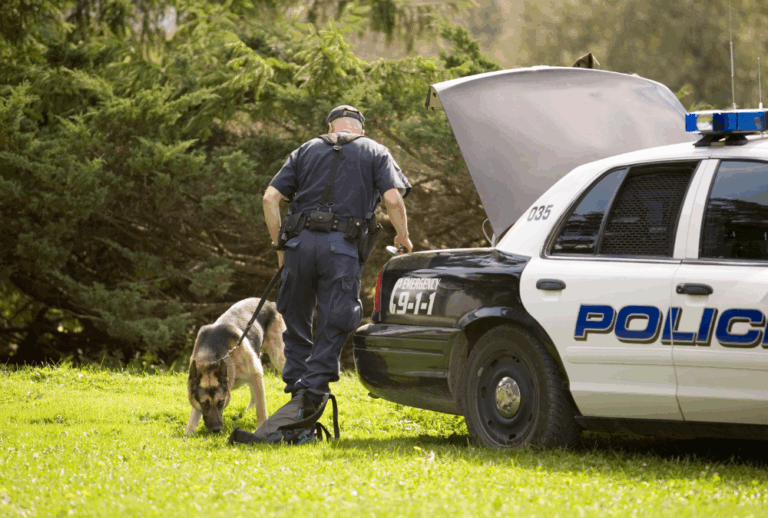 Image is of a police officer and his k-9 police dog walking around a police car, concept of knowing your rights regarding drug dog searches