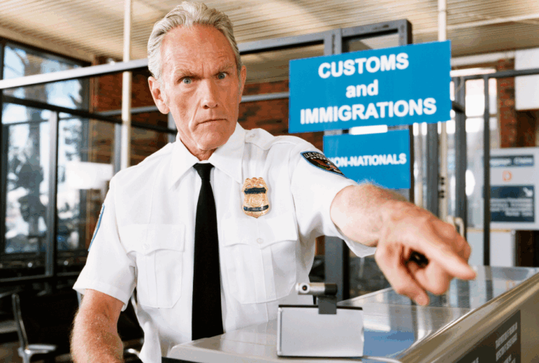 Image is of an angry customs and border patrol agent, concept of traveling with a DUI conviction