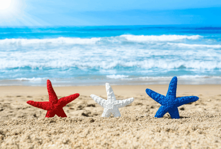 Image is of three starfish in painted red, white, and blue standing up in the sand on a beach, concept of avoiding arrests in Florida on the Fourth of July