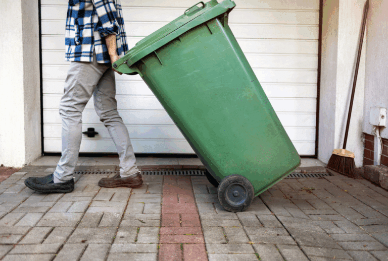 Image is of a man wheeling out his garbage can in front of his garage, concept of if police can search your trash without a warrant in Ponte Vedra Beach
