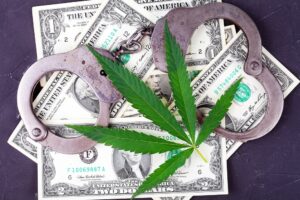 Marijuana leaf placed on handcuffs and US dollar bills representing marijuana possession penalties in Florida.
