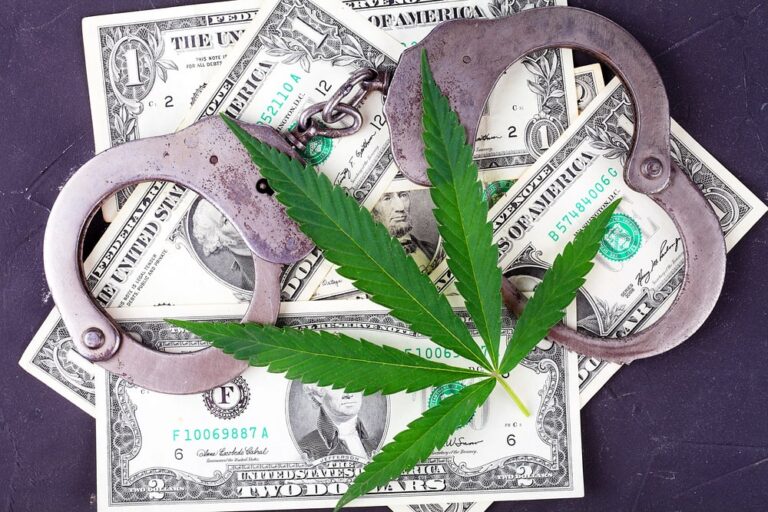 Marijuana leaf placed on handcuffs and US dollar bills representing marijuana possession penalties in Florida.