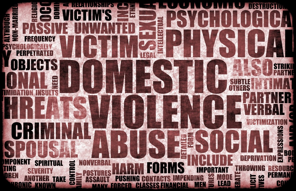 Image is of a collage of words related to domestic violence, including terms like physical harm, emotional abuse, threats, and victim support.