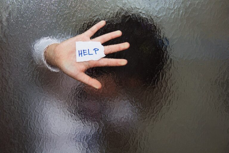 Image is of a hand pressed against frosted glass holding a small paper labeled HELP, symbolizing a plea for protection and assistance in situations involving domestic violence charges.