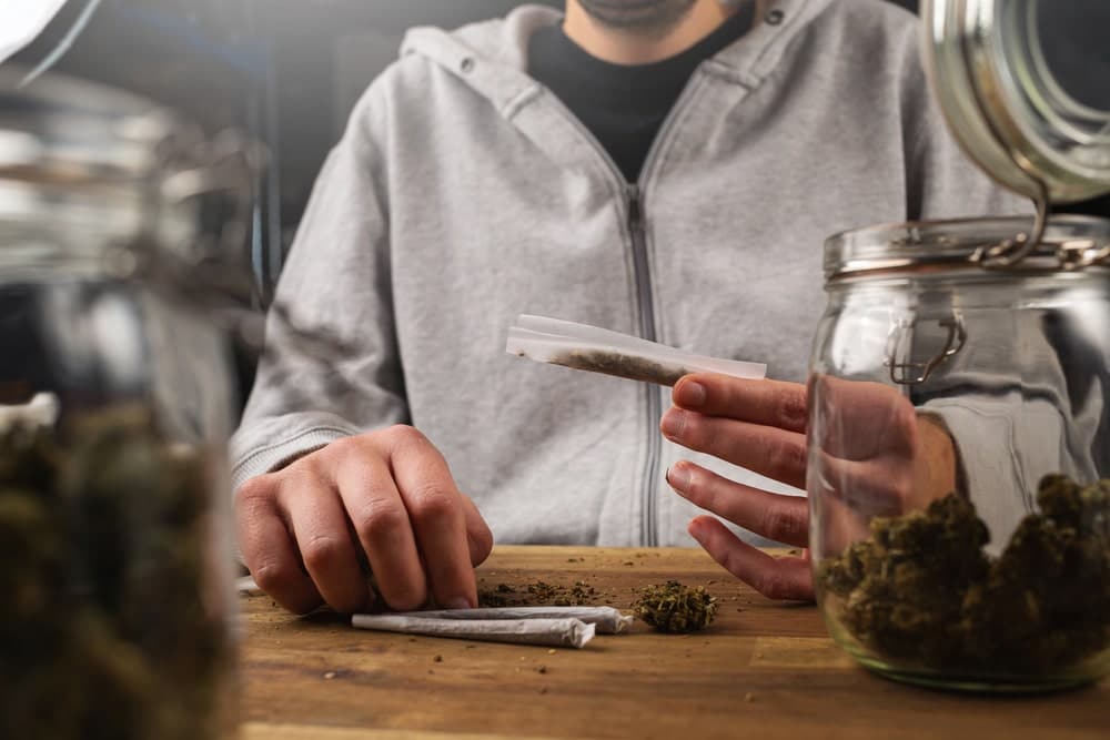 Image shows an individual sitting at a table with jars of cannabis while preparing a rolled substance, illustrating objects that could be considered drug paraphernalia under Florida law.