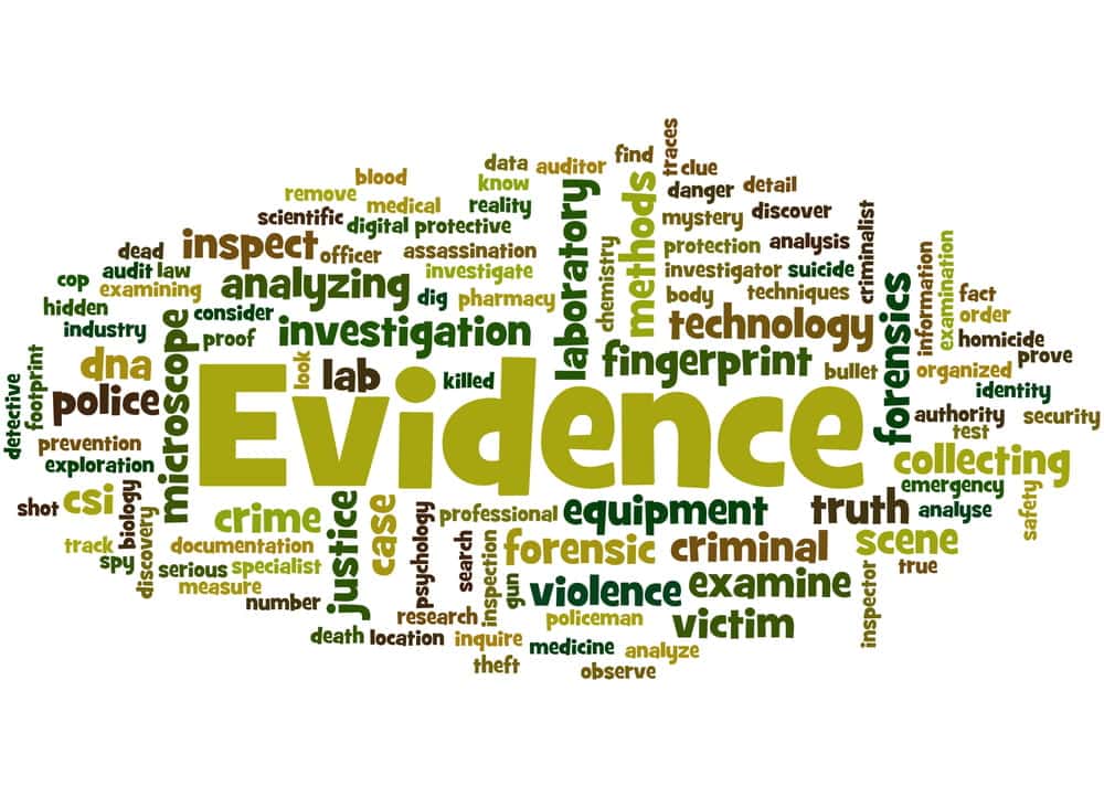 Image is of a word cloud highlighting investigation and forensic terms, concept of different types of evidence in DV cases in Ponte Vedra