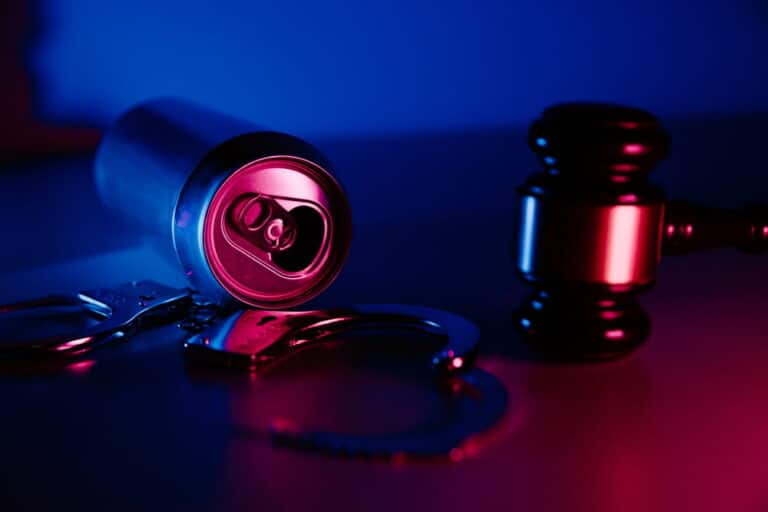 Image is of handcuffs, an alcoholic beverage can, and a judge's gavel under emergency lighting, concept of prior DUIs resulting in stricter penalties and stronger prosecution efforts.