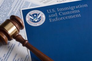 Image is of a gavel beside U.S. immigration enforcement documents, concept of DV charges and immigration consequences.