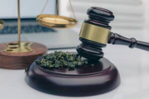 Image is of a judge's gavel beside suspected drugs, concept of intent to sell charges in Ponte Vedra Beach.
